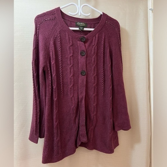 ⚫️ BOGO Eddie Bauer women’s burgundy cable knit cardigan size l - Picture 1 of 8